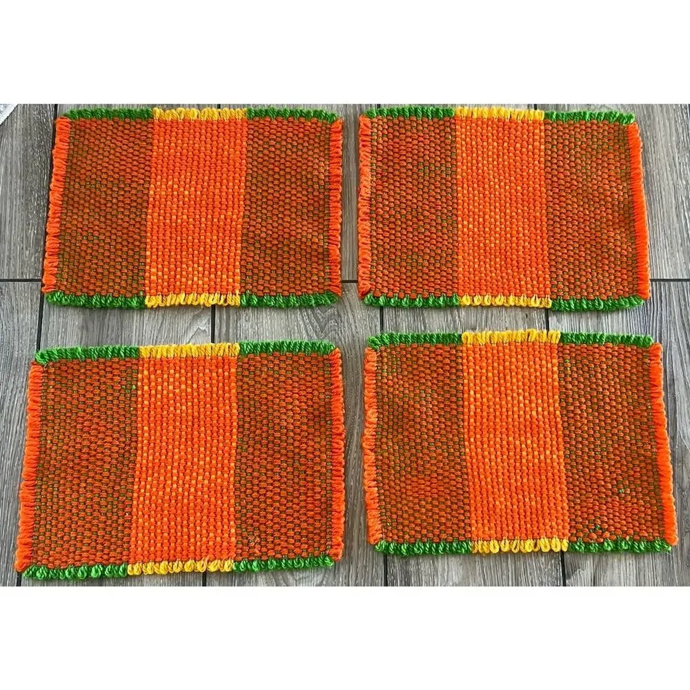 MCM Boho Chic Vintage 4 Hand Crochet Orange & Green Placemats Halloween Fall